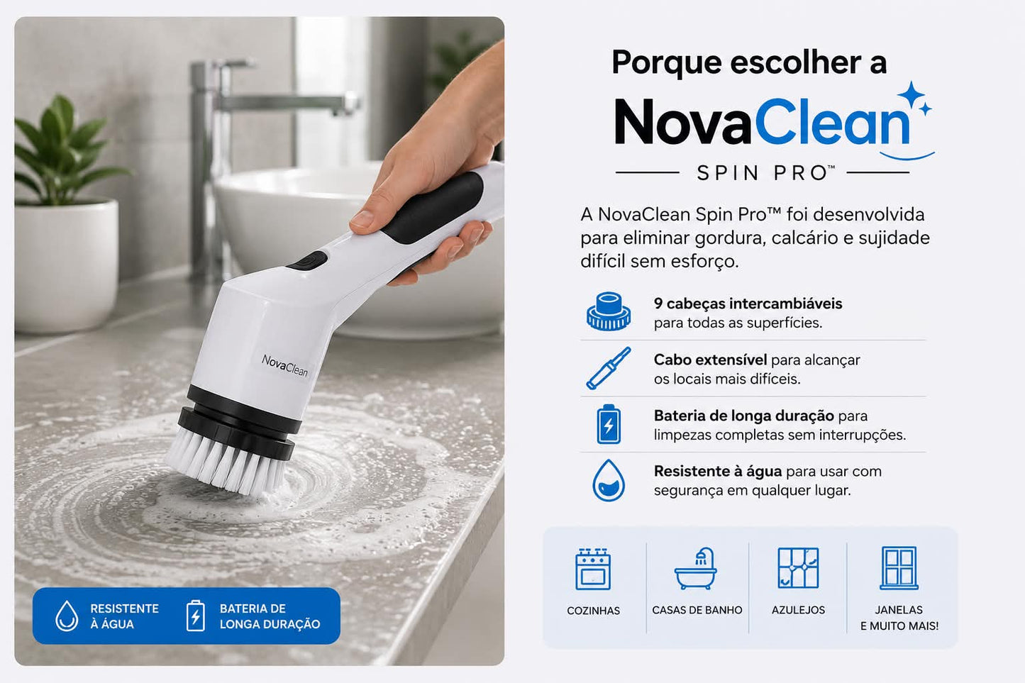 NovaClean Spin Pro™ | Escova Elétrica Sem Fios 9 em 1